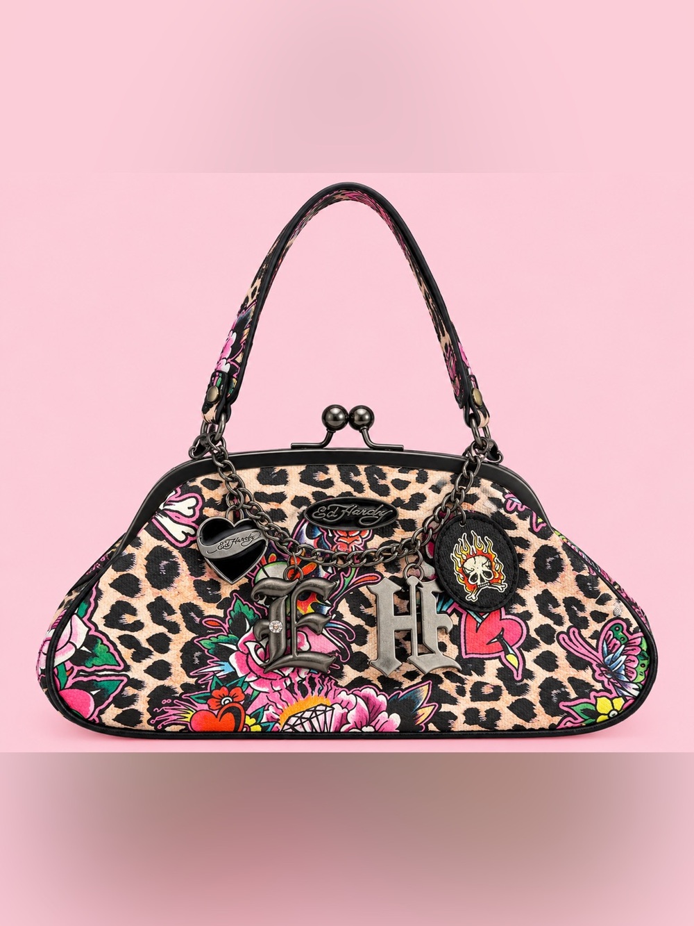 Ed Hardy Pink Leopard Charm Shoulder Bag